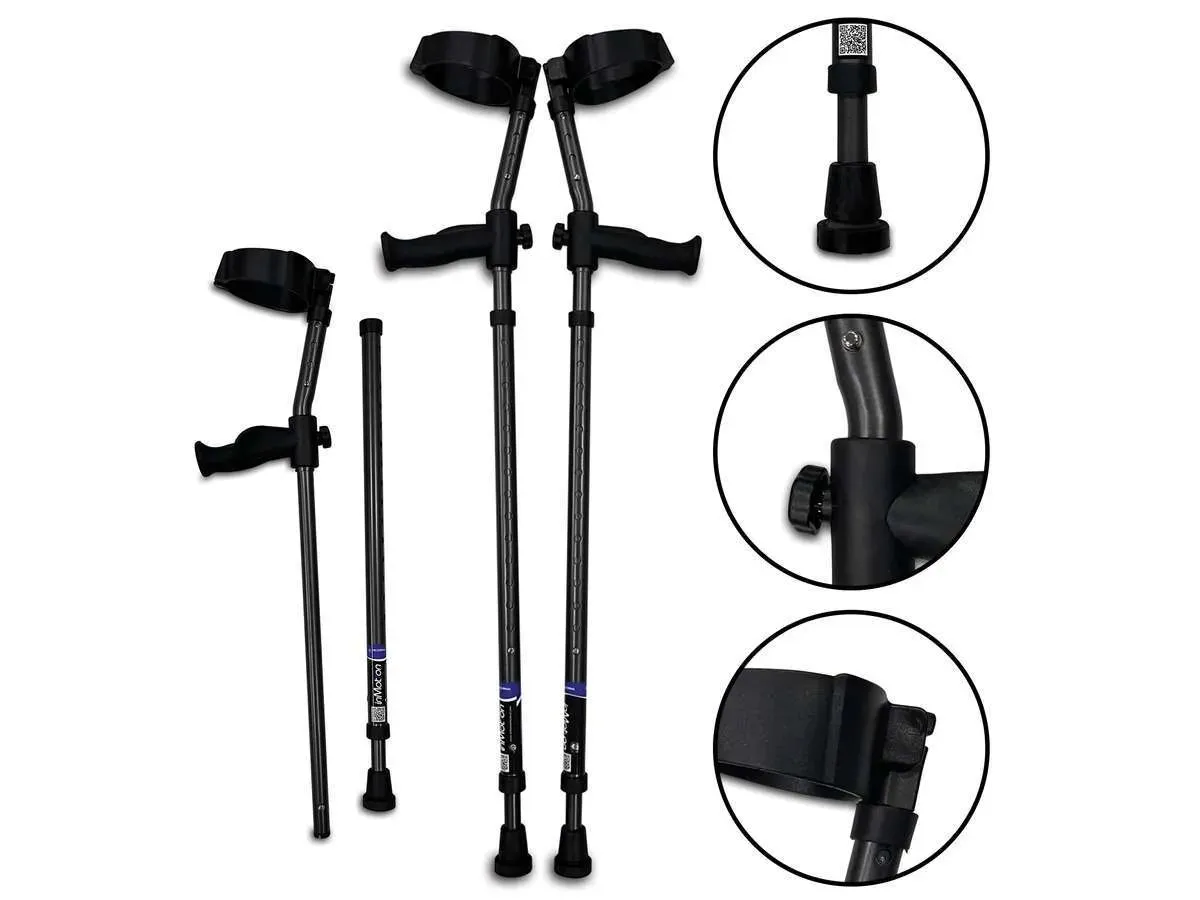 Close views of the in-Motion Pro components: the forearm cuff, the contoured handle, the height adjustment and the articulating tip.