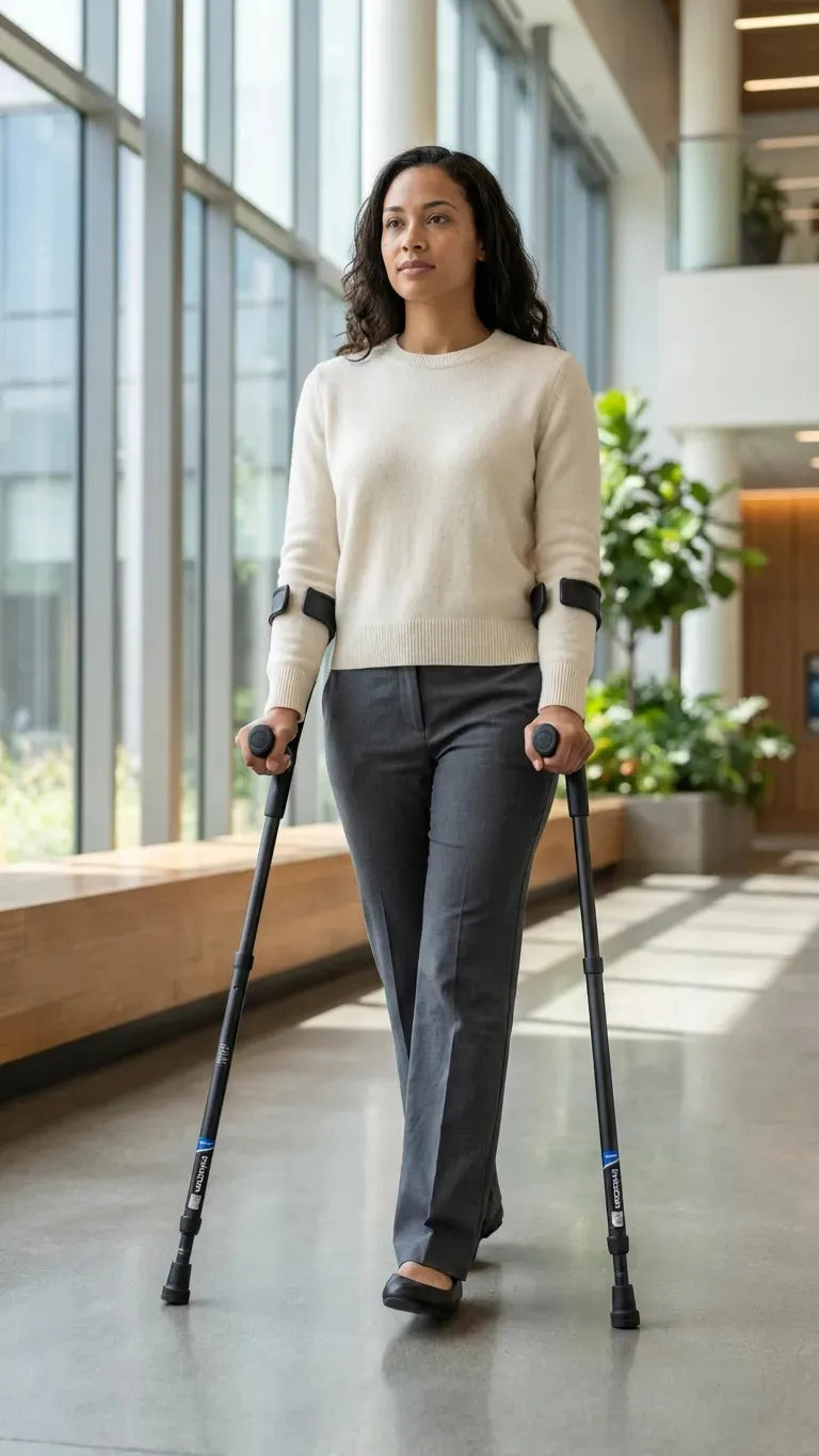 A person standing at a desk in an office, in-Motion Pro forearm crutches in both hands.