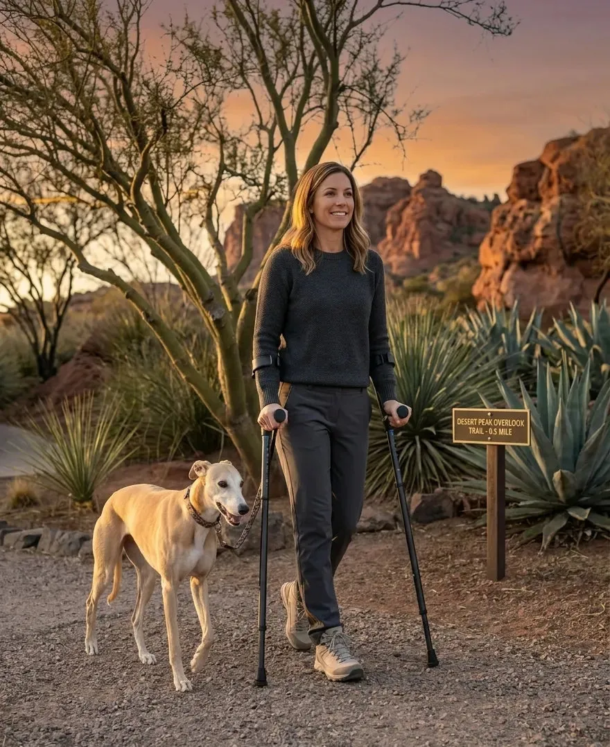 A person walking a dirt trail with a dog, using in-Motion Pro forearm crutches.